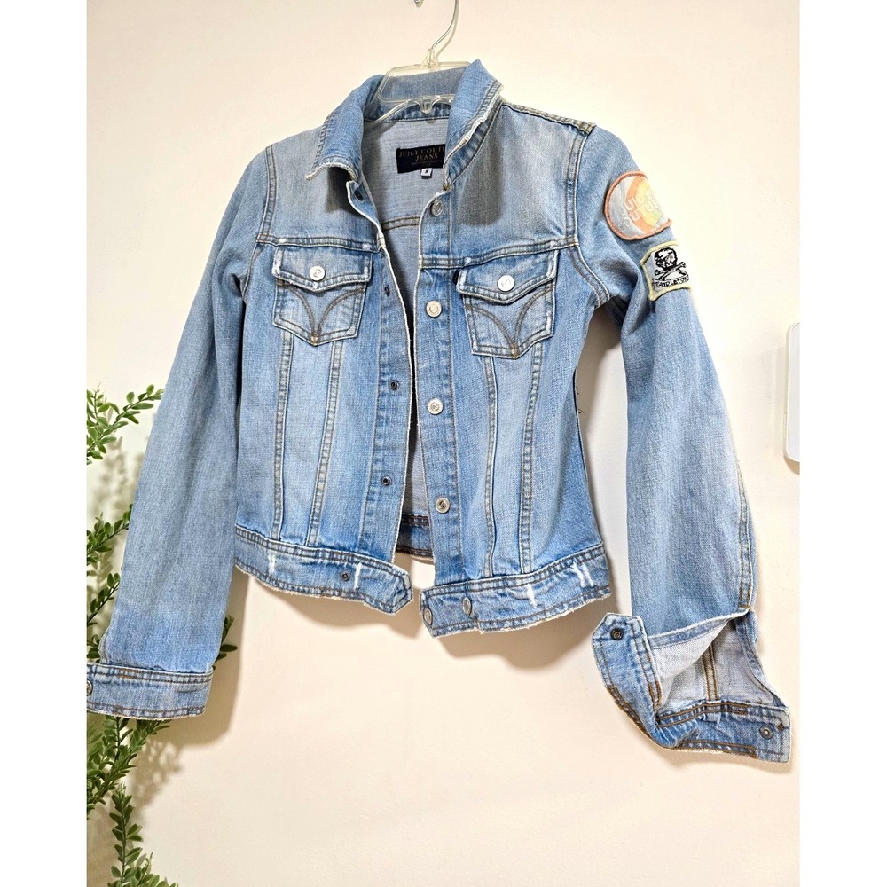 Vintage Juicy Couture Y2K Patch Denim Jacket Light Wash Distressed Size Small